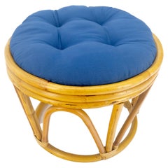 Used Round Mid Century Modern  Blue Upholstery Ottoman Foot Stool Bench Pouf MINT!
