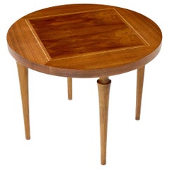 Round Mid-Century Modern End Table with Wood Inlay Top