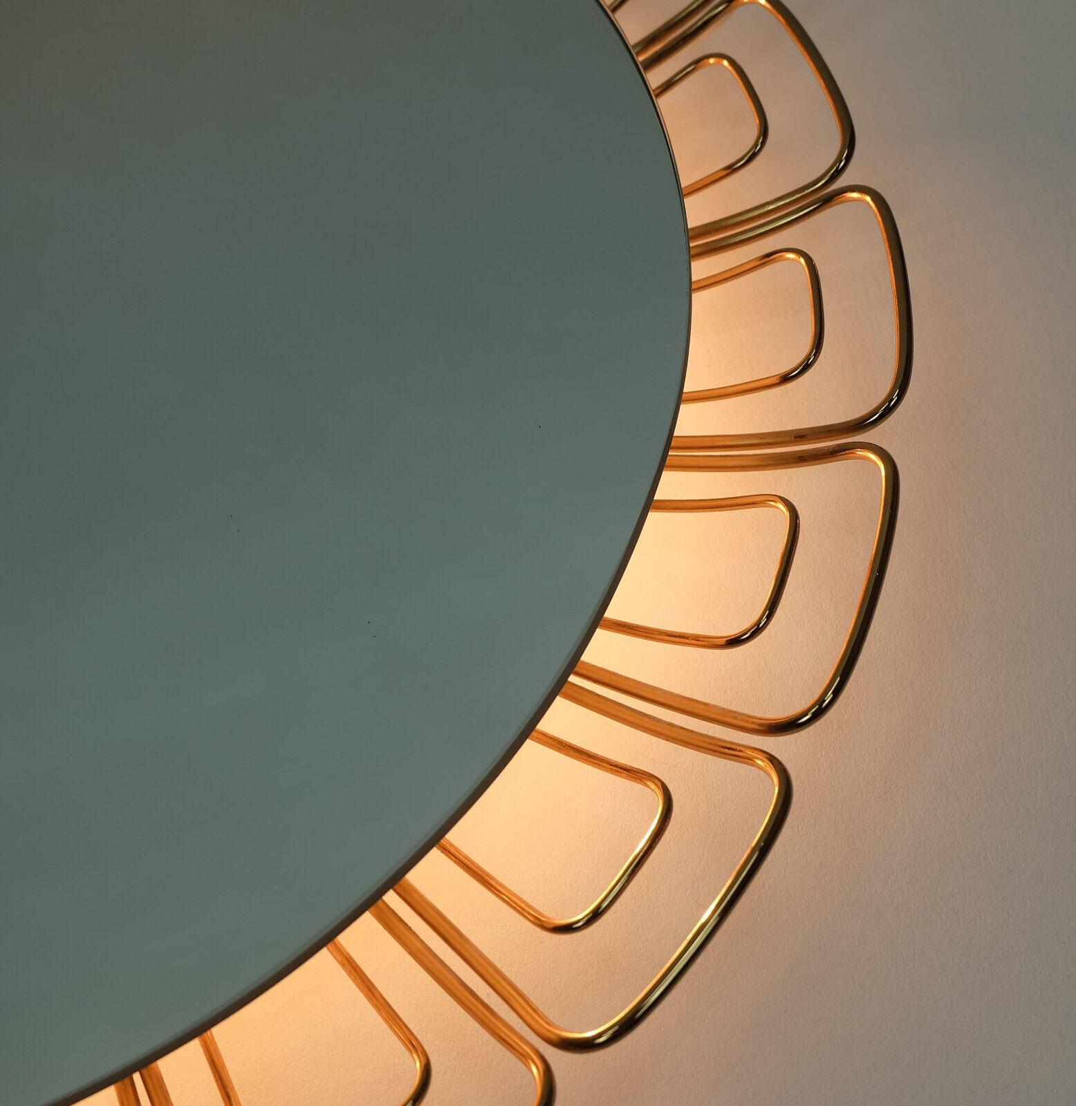 German round mid century modern illuminated WALL MIRROR with brass frame 1960s 70s For Sale