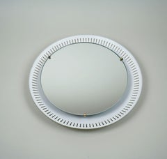round mid century modern illuminated WALL MIRROR with metal frame 1950s
