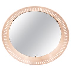 round mid century modern illuminated WALL MIRROR with metal frame 1950s