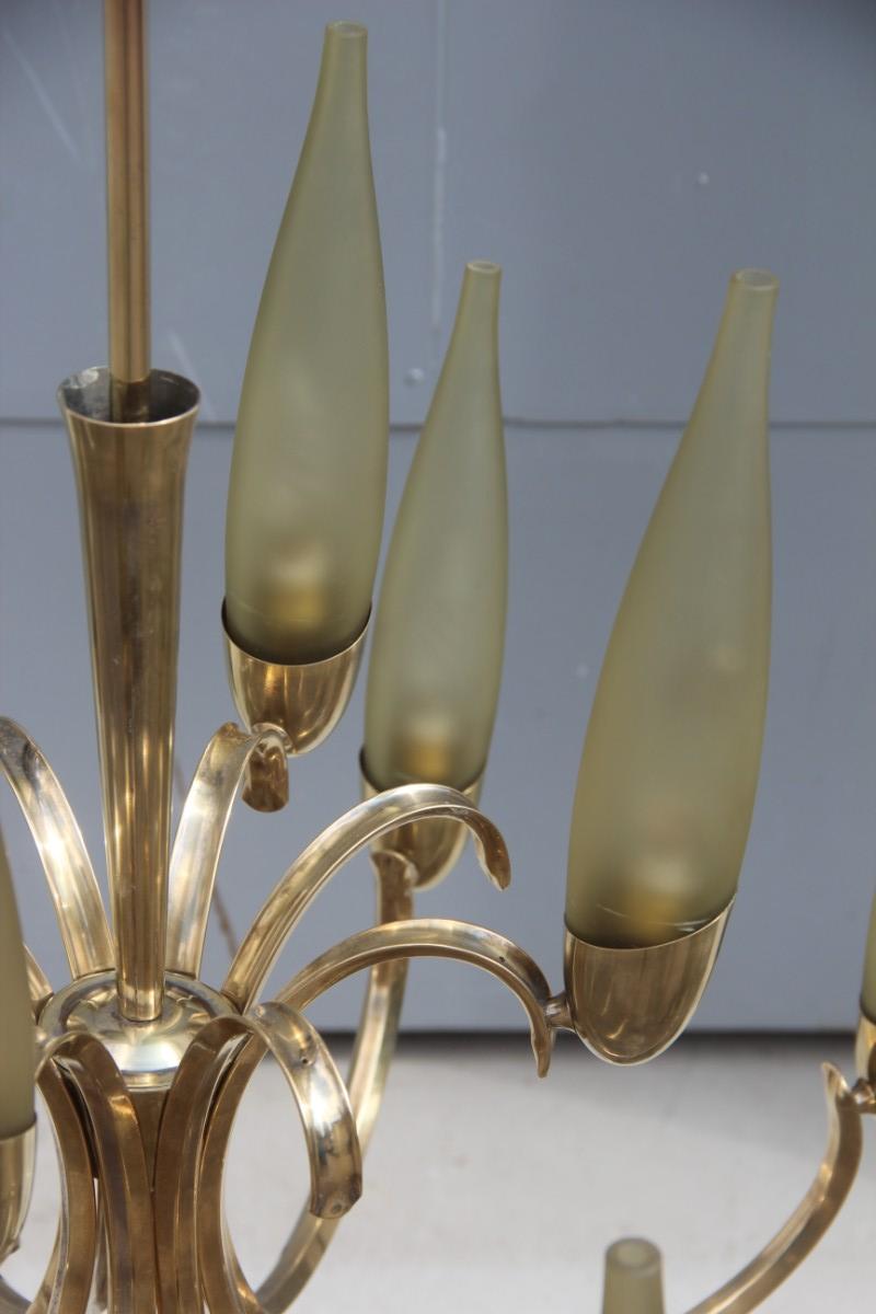 Round Mid-Century Modern Italian Chandelier Brass Green Glass, 1950 6