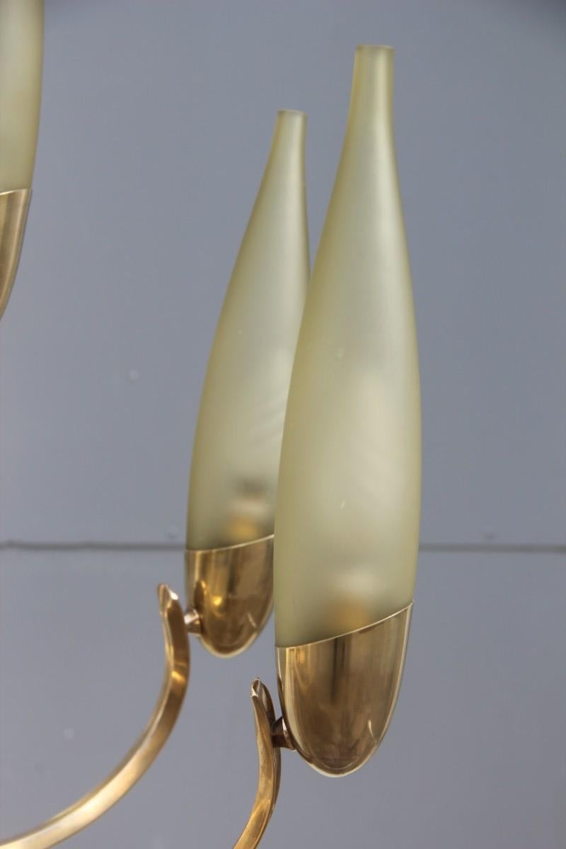 Round Mid-Century Modern Italian Chandelier Brass Green Glass, 1950 8