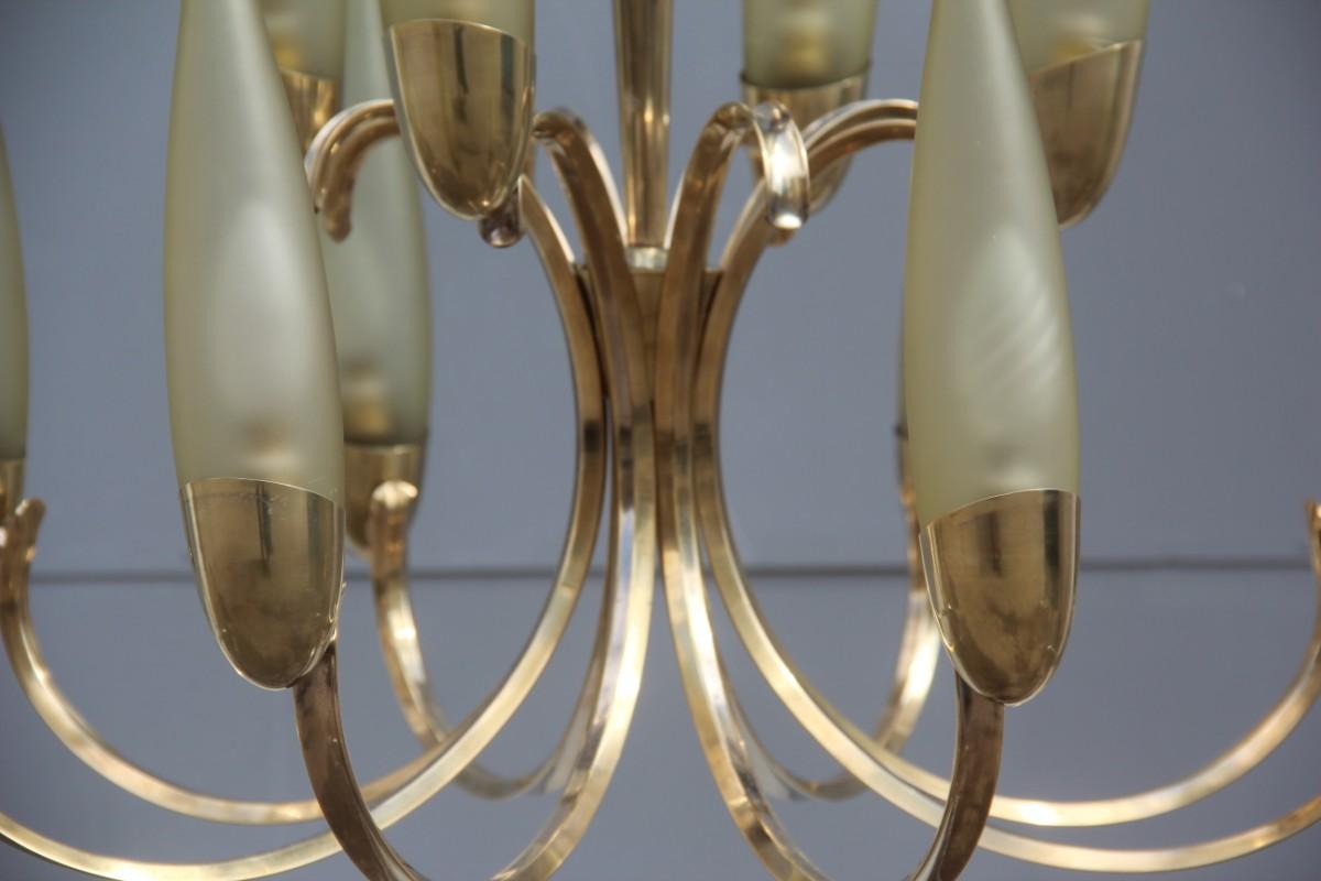 Round Mid-Century Modern Italian Chandelier Brass Green Glass, 1950 In Good Condition In Palermo, Sicily