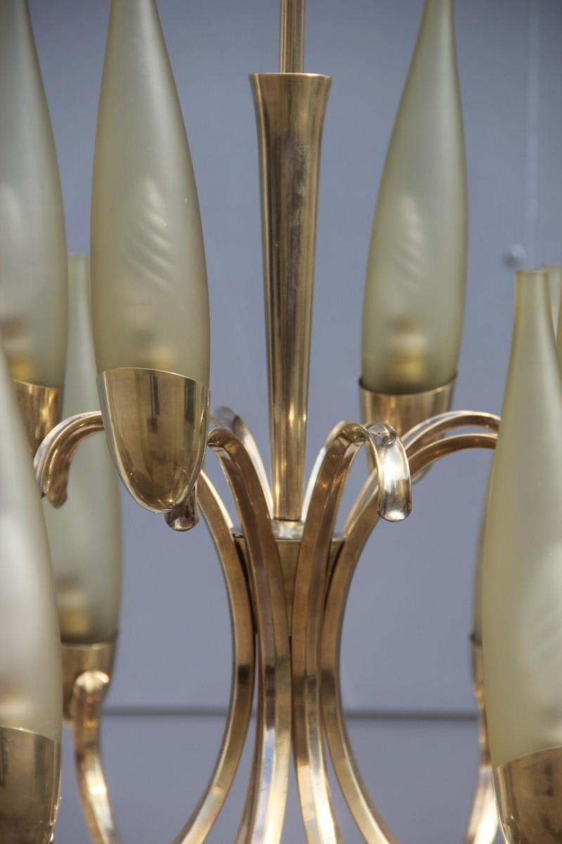 Round Mid-Century Modern Italian Chandelier Brass Green Glass, 1950 1