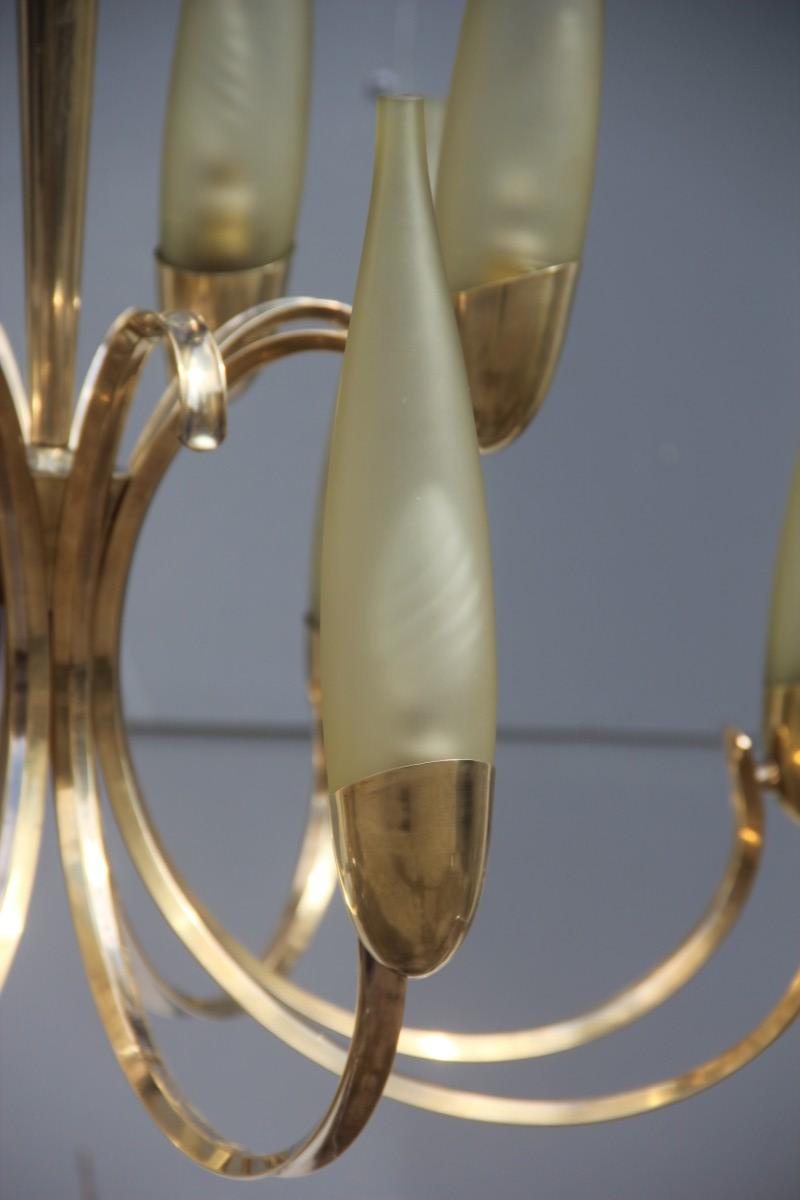 Round Mid-Century Modern Italian Chandelier Brass Green Glass, 1950 3