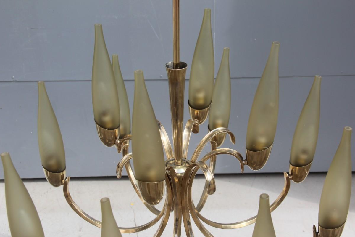 Round Mid-Century Modern Italian Chandelier Brass Green Glass, 1950 5