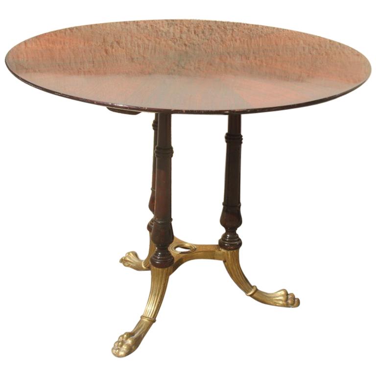 Round Mid-Century Modern Italian Dining Room Table Mahogany Brass Lion's Foot For Sale