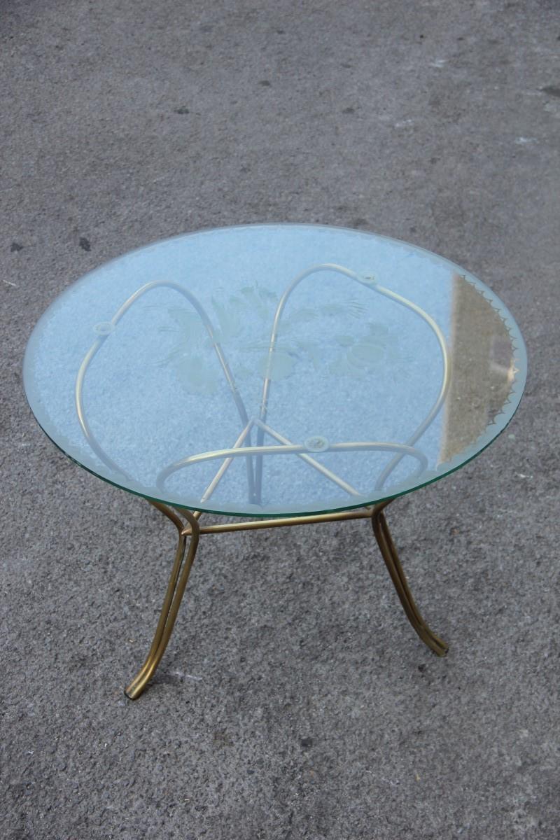 Round Midcentury Table Coffe Italian Design Brass Glass Top Engraved Drawings For Sale 5