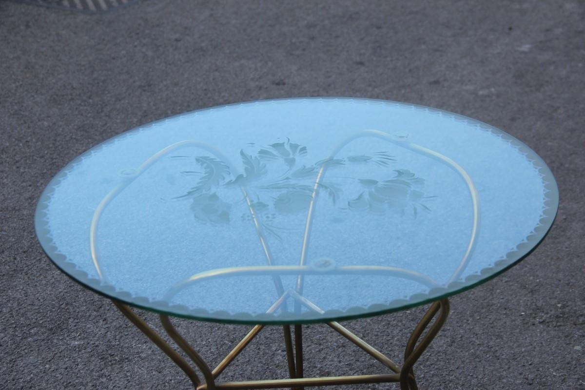 Mid-Century Modern Round Midcentury Table Coffe Italian Design Brass Glass Top Engraved Drawings For Sale