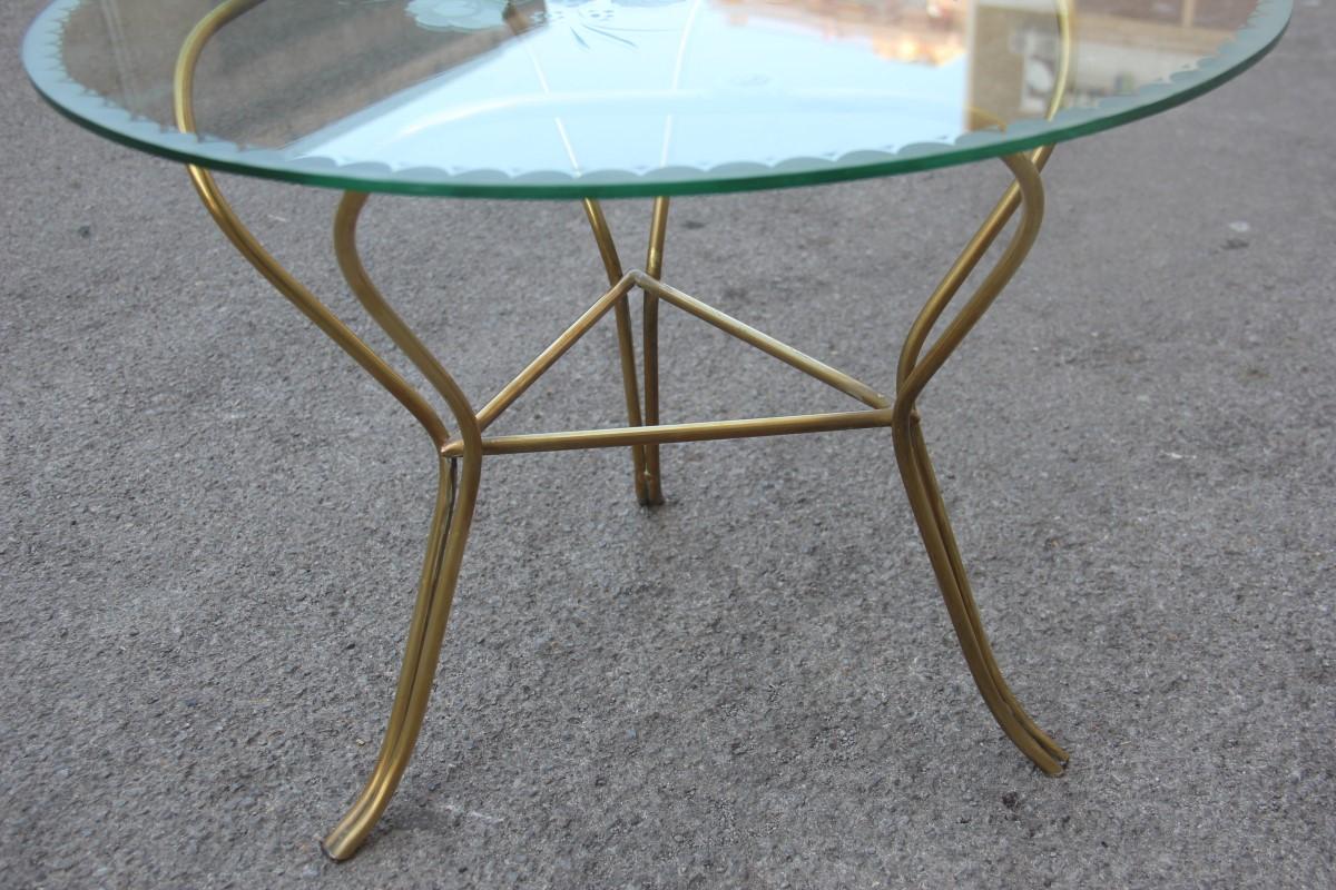 Round Midcentury Table Coffe Italian Design Brass Glass Top Engraved Drawings For Sale 3