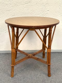 Round Midcentury Bamboo Rattan Italian Coffee Table with Laminated Top, 1960s