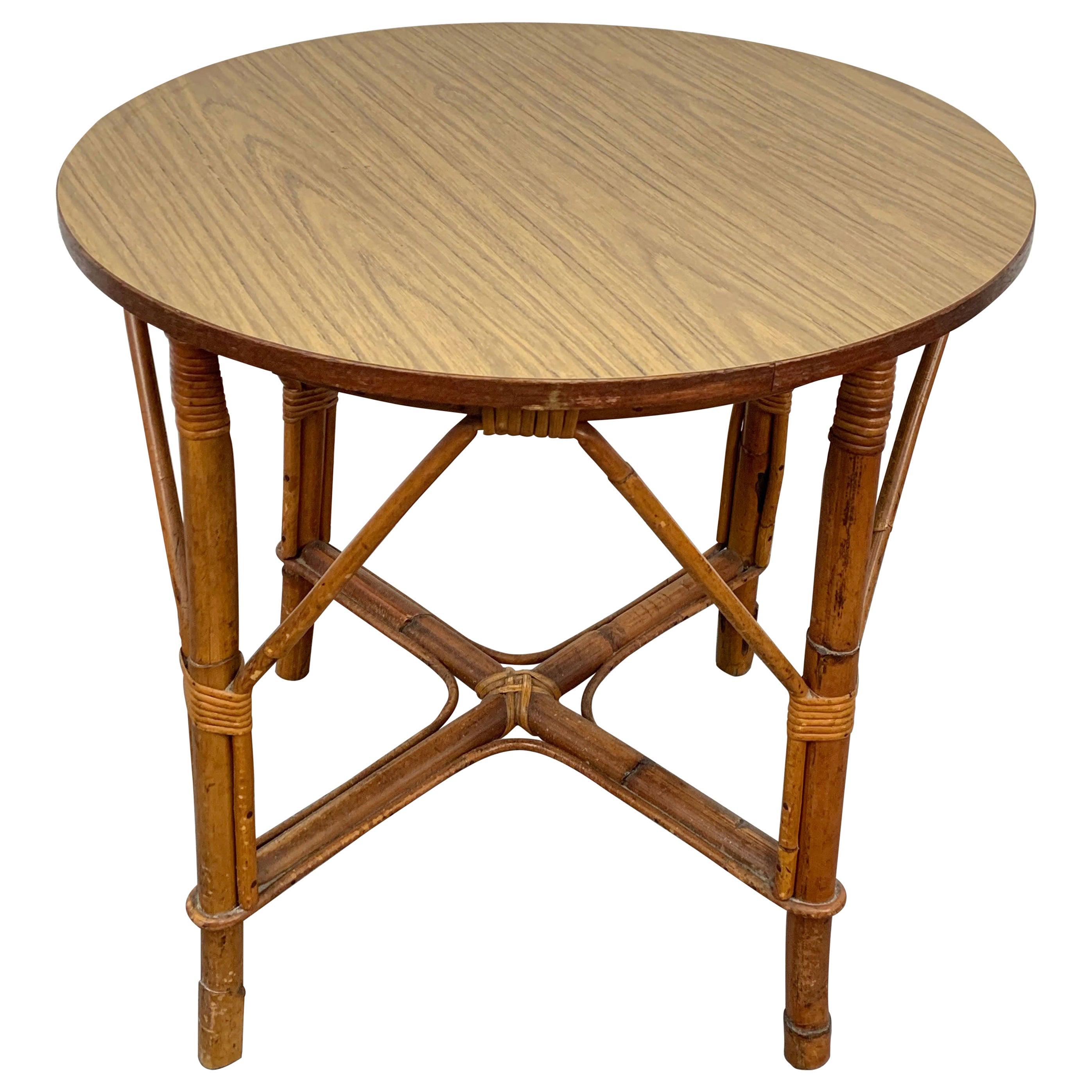 Round Midcentury Bamboo Rattan Italian Coffee Table with Laminated Top, 1960s