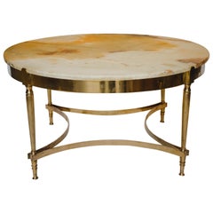 Round Midcentury Brass Coffee Table with Onyx Top