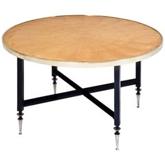 Round Midcentury Coffee Table on Black Steel Base