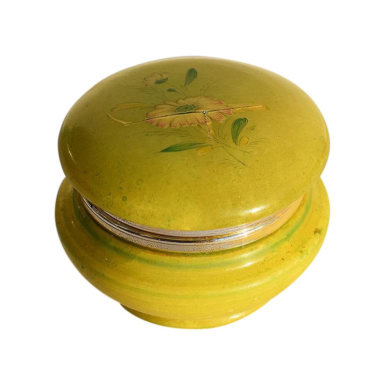 Round Midcentury Green Alabaster Floral Hinged Trinket Box with Lid, Italy