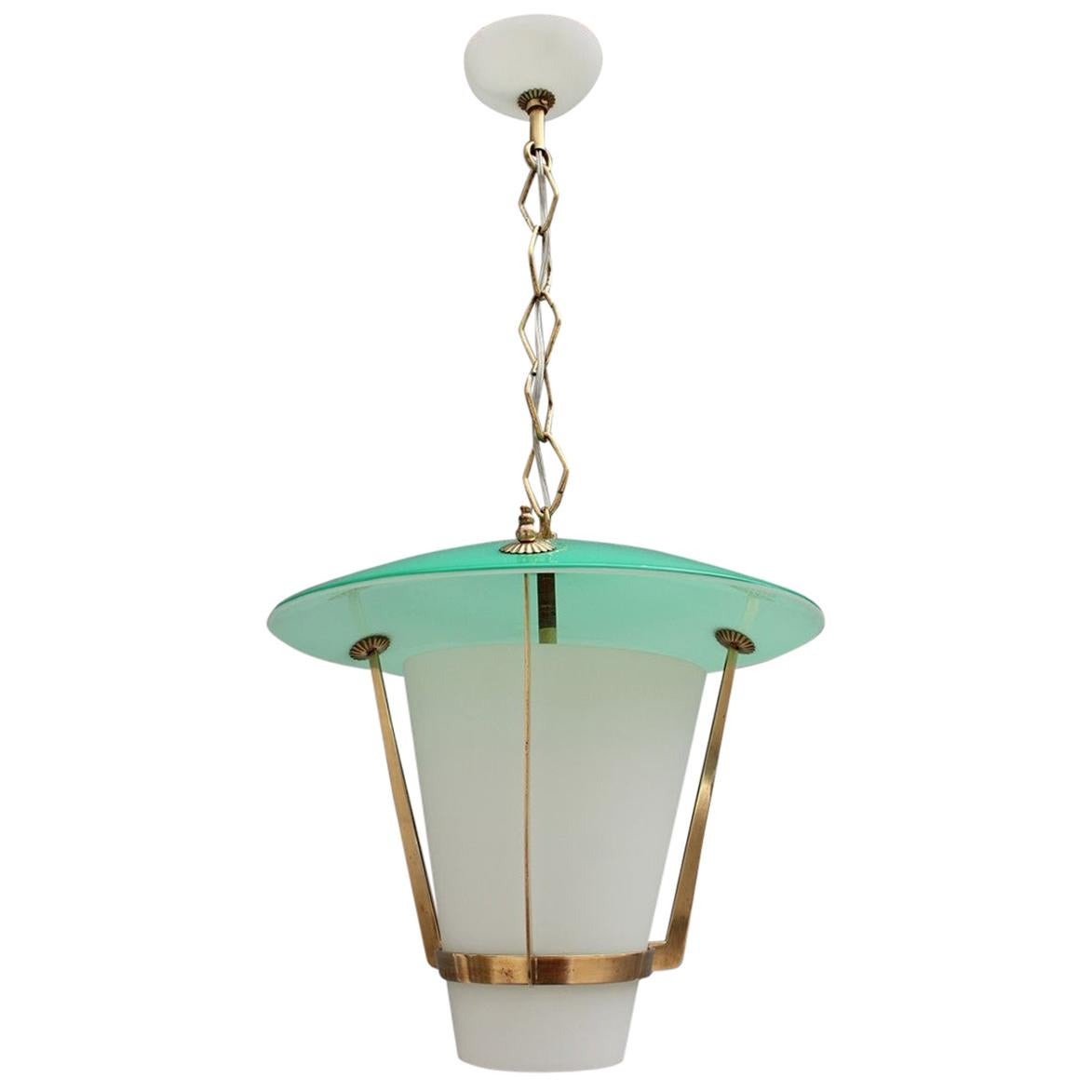 Round Midcentury Italian Design Lantern Green Gold Brass Glass White For Sale