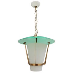 Vintage Round Midcentury Italian Design Lantern Green Gold Brass Glass White