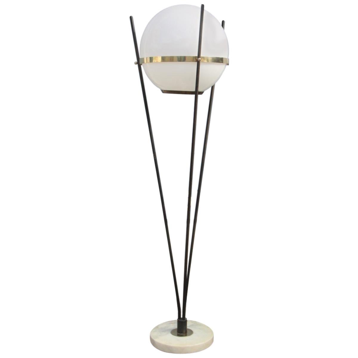 Round Midcentury Italian Floor Lamp Brass Metal Glass Ball Stilnovo Design, 1950