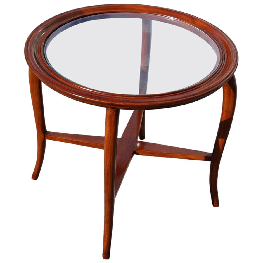 Table basse ronde italienne du milieu du siècle dernier avec plateau en bois de cerisier et verre taillé en vente