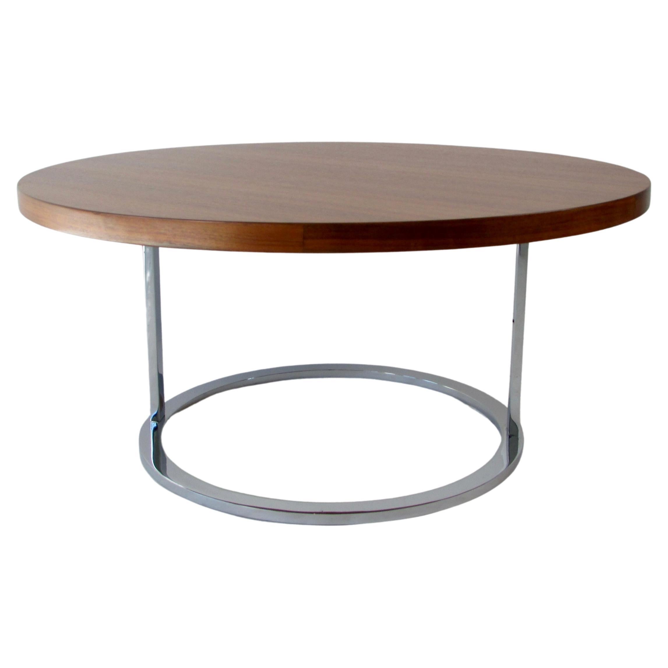 Round Milo Baughman Style Walnut Coffee Table