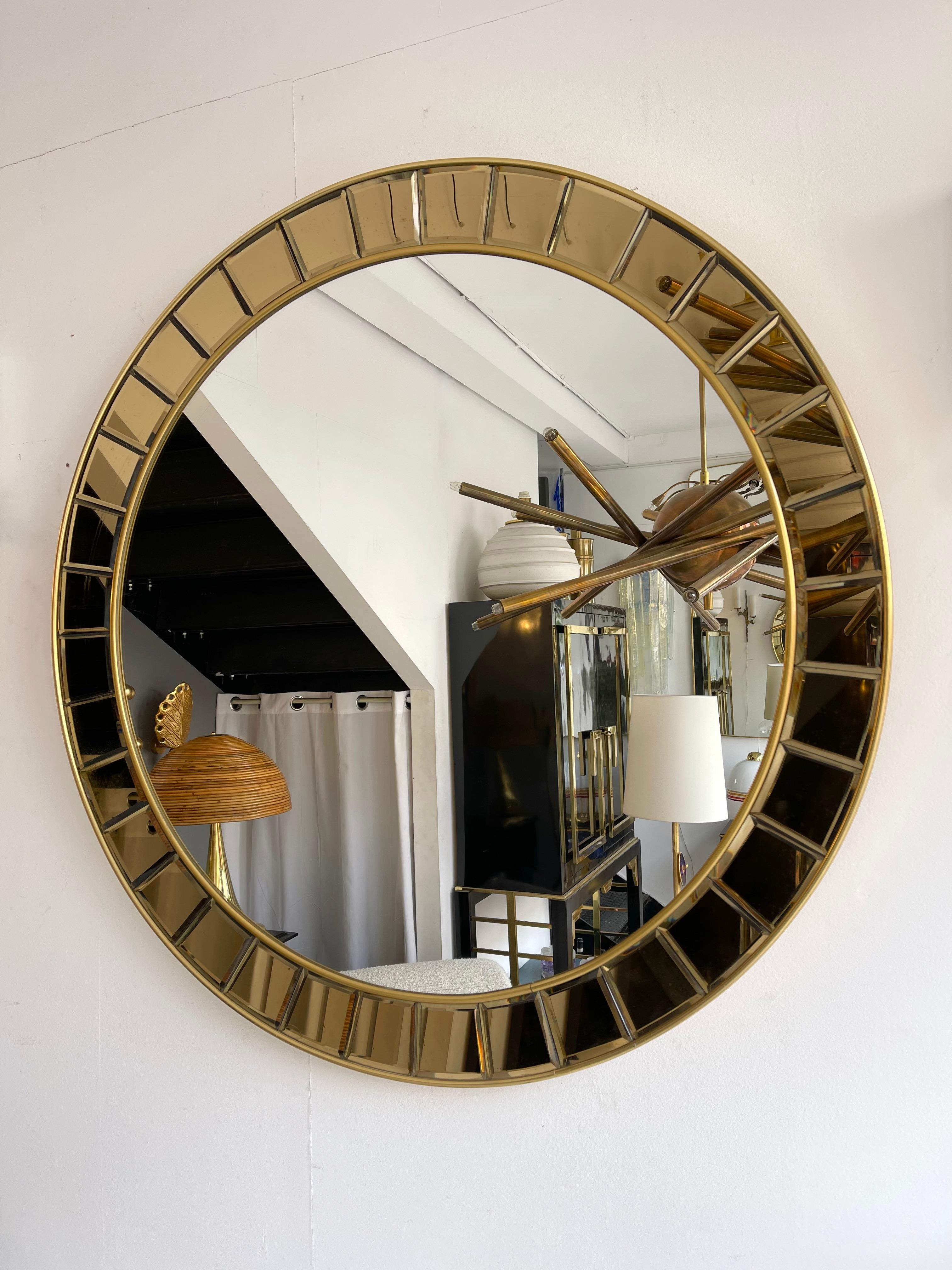 Round Mirror Brass and Colored Glass by Cristal Art, Italy, 1960s 1