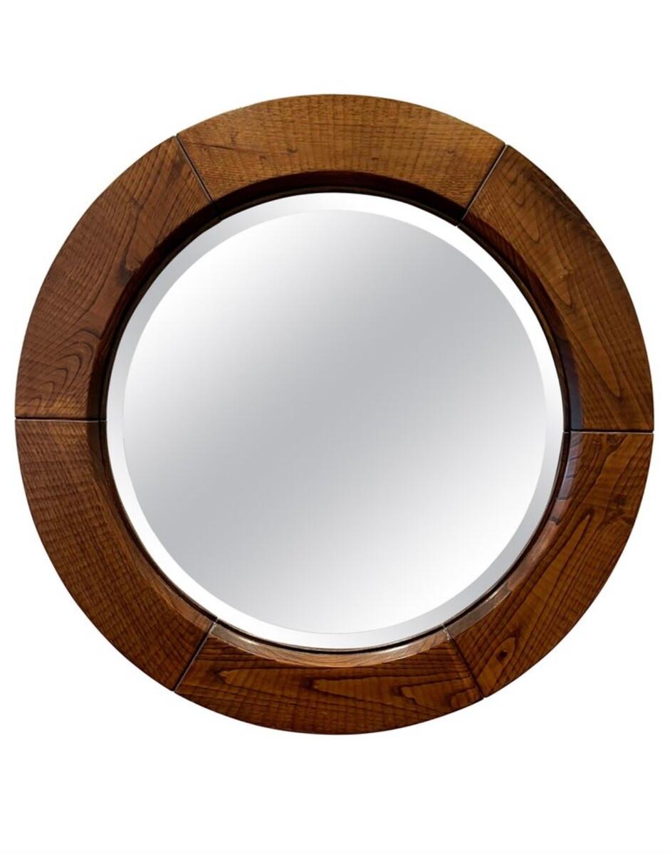Mid-Century Modern Round Mirror by Giuseppe Rivadossi, 1970s, Italy - Wood For Sale