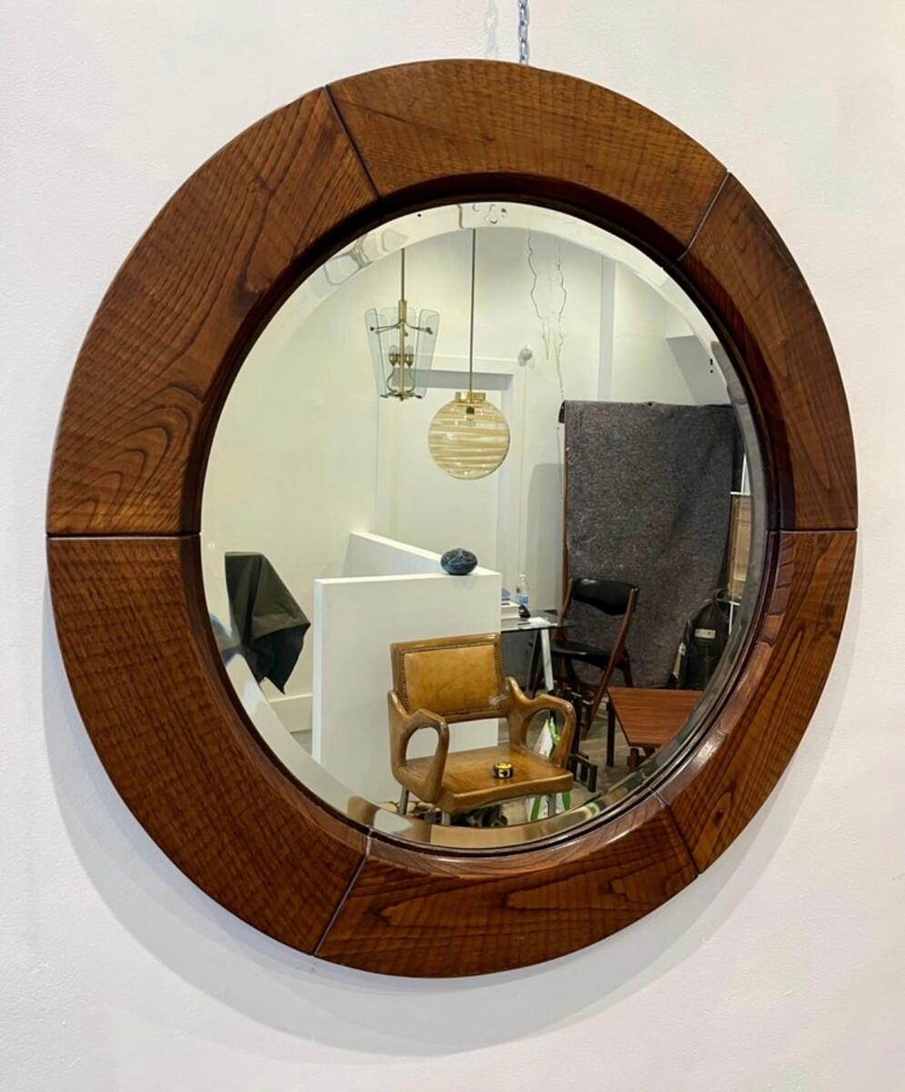 Italian Round Mirror by Giuseppe Rivadossi, 1970s, Italy - Wood For Sale
