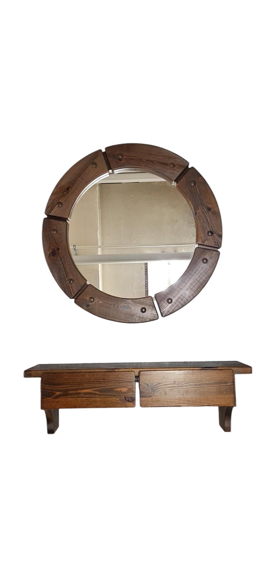 Scandinavian Modern Round Mirror & Console Shelf, Christian Langeström for Fröseke, Sweden 1970s For Sale