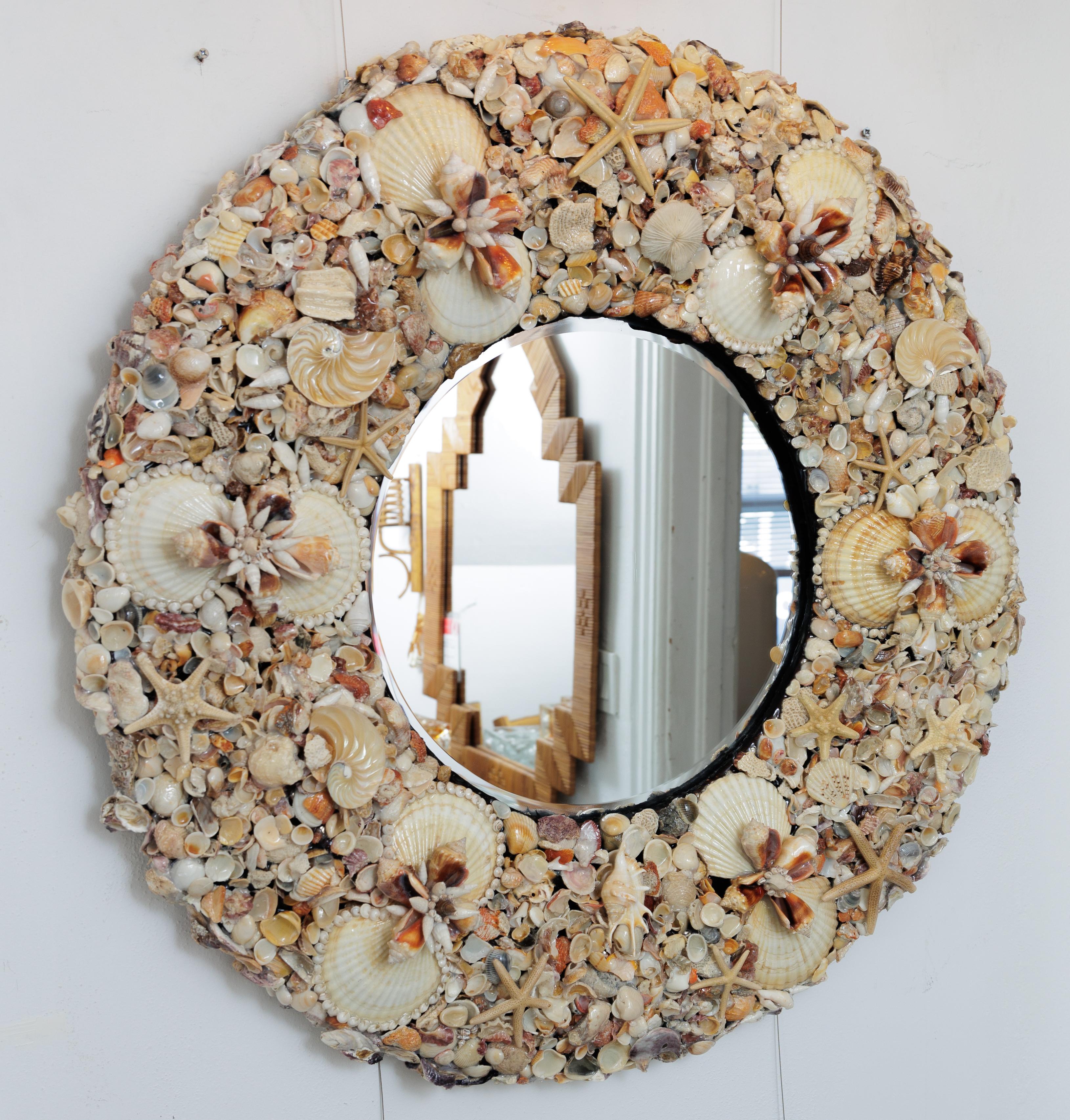American Round Mirror Covered with Beautiful Sea Shells For Sale