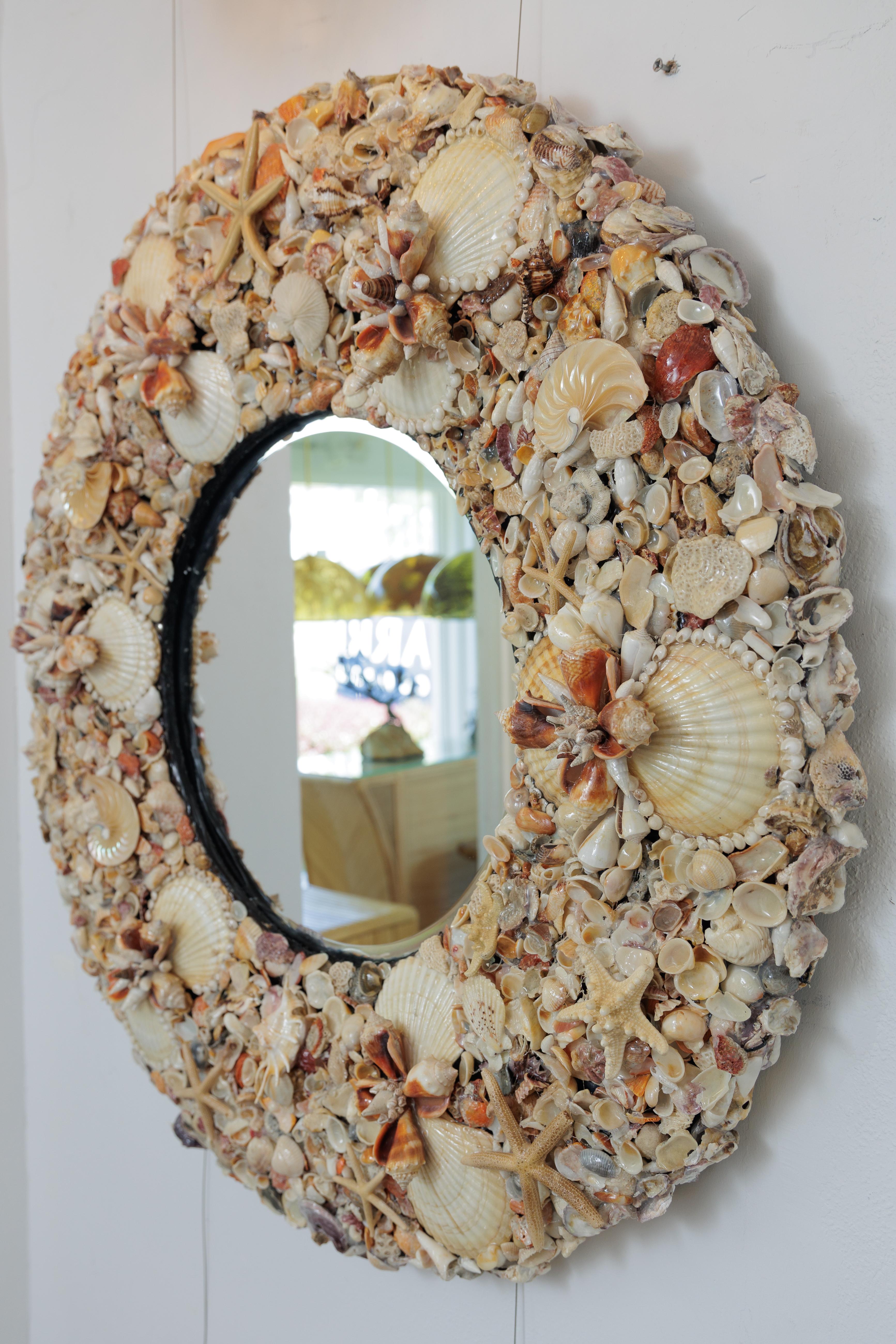 Hand-Crafted Round Mirror Covered with Beautiful Sea Shells For Sale