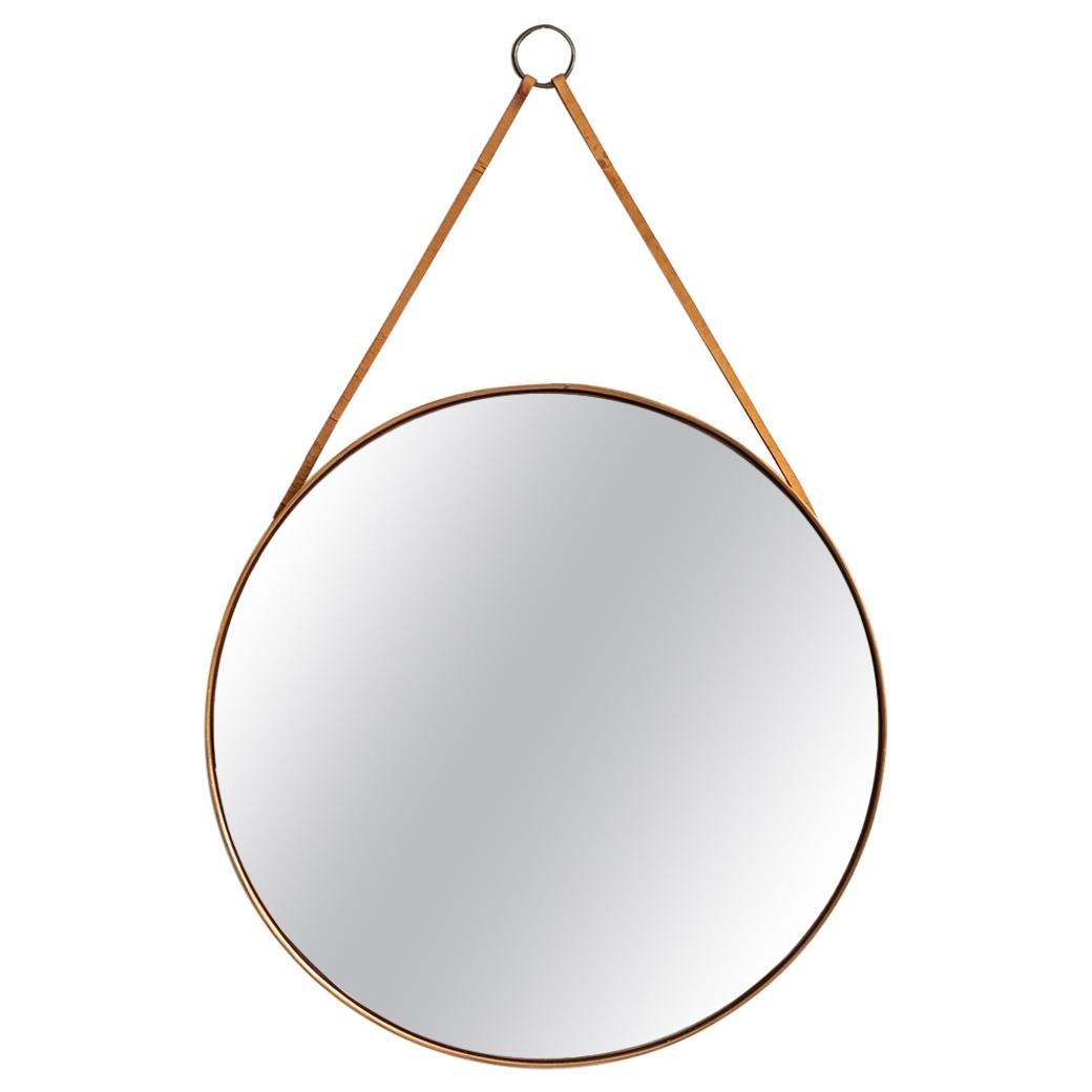 Round Mirror in Pine, Brass and Leather by Glas Mäster in Markaryd, Sweden