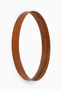 Specchio rotondo in teak e pelle, anni '50