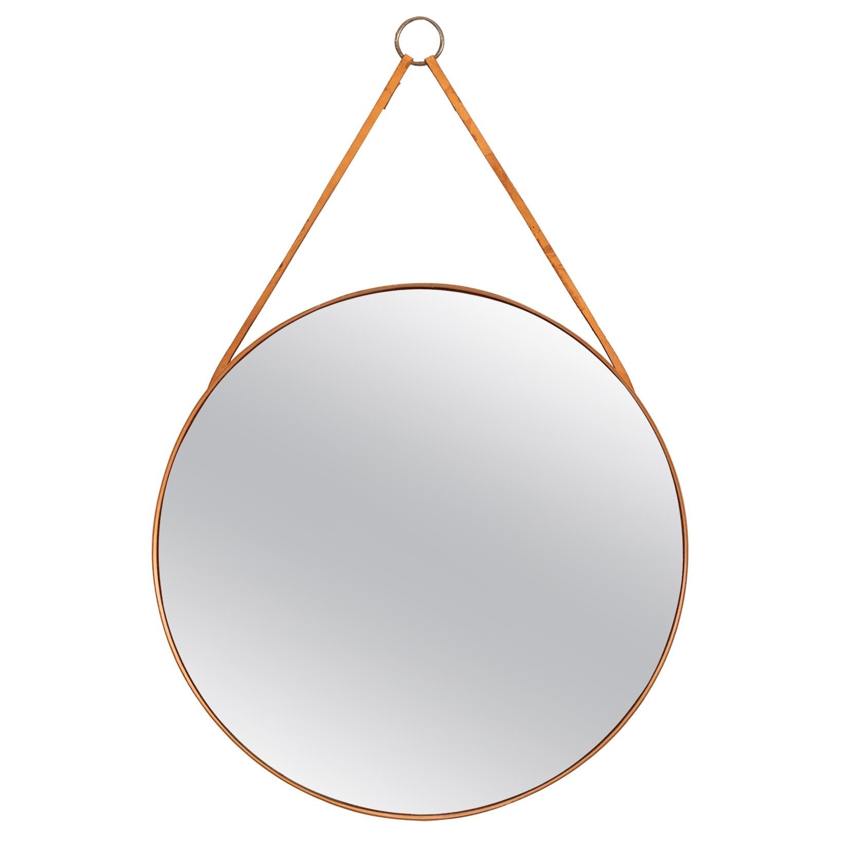 Round Mirror in Teak and Leather Produced by Glasmäster in Markaryd, Sweden
