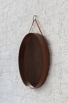 Round mirror 'Model nr 103' in teak & leather by Glasmäster in Markaryd, Sweden