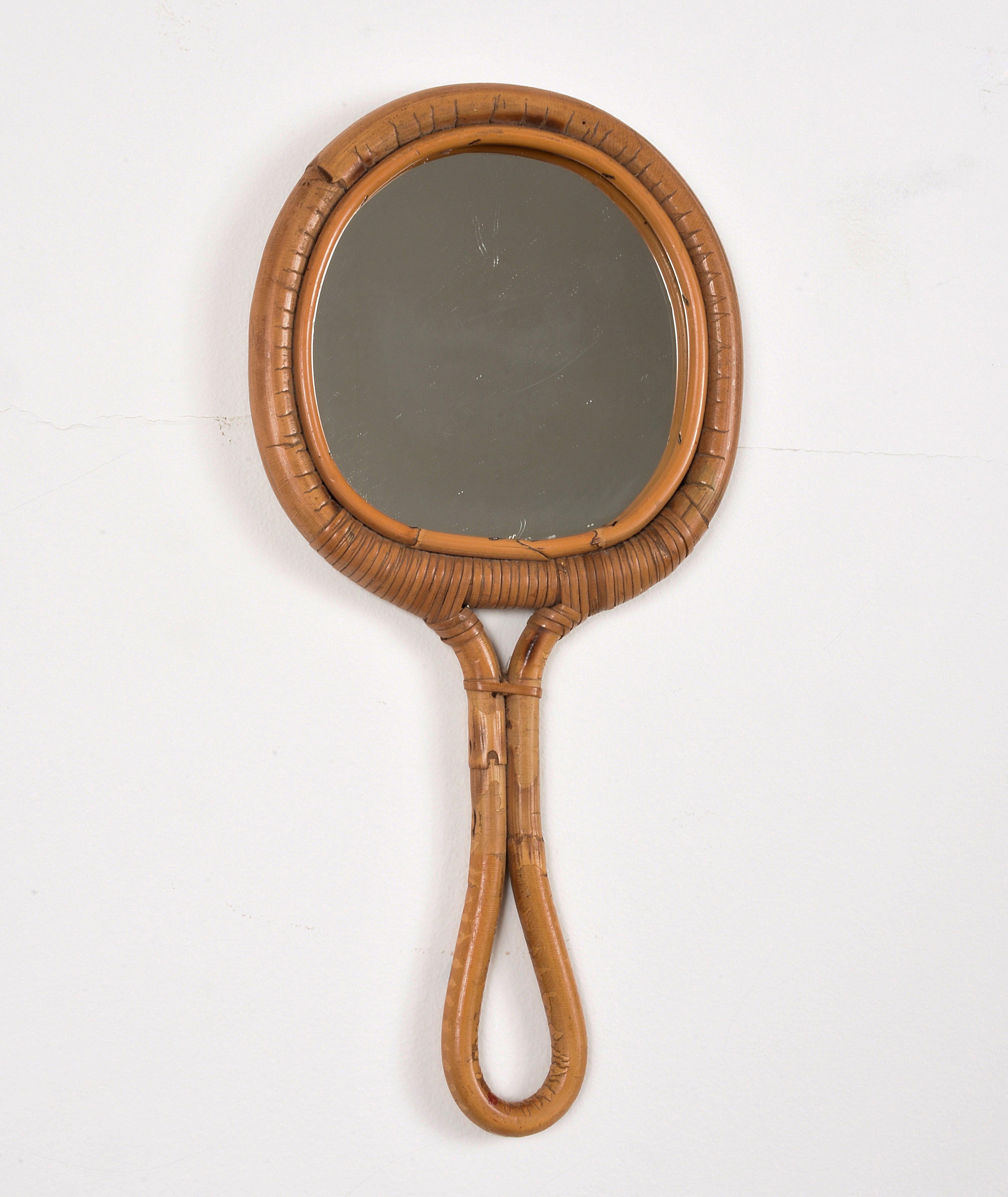 Mid-Century Modern Round Mirror, Vintage Rattan Hand Mirror, Franco Albini Style, Italy, 1960s For Sale