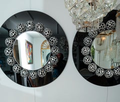 Round Mirror with 17 Metal Perforated Orbs on Black Glass