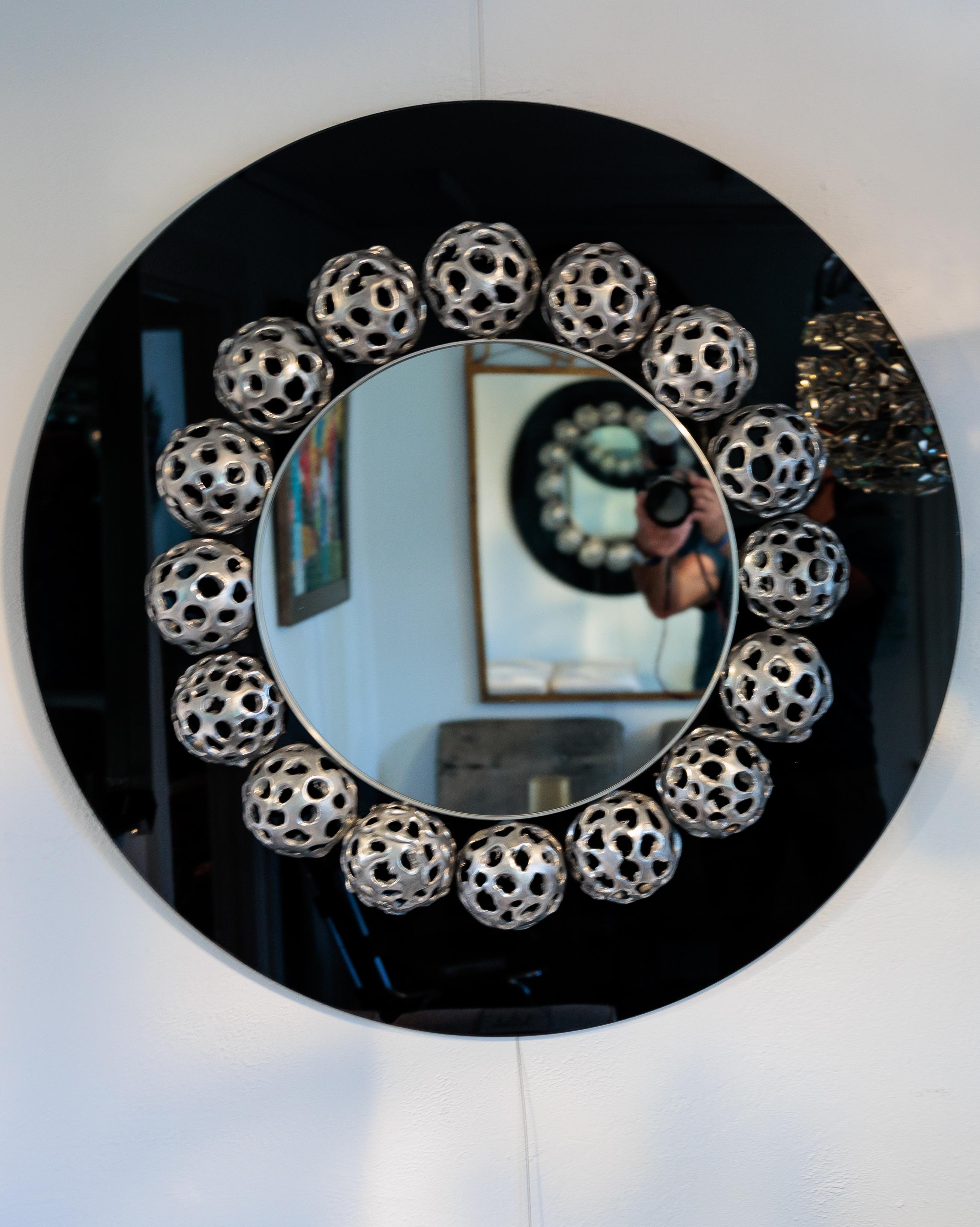 Round Mirror with 17 Metal Perforated Orbs on Black Glass For Sale 2