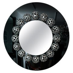 Round Mirror with 17 Metal Perforated Orbs on Black Glass
