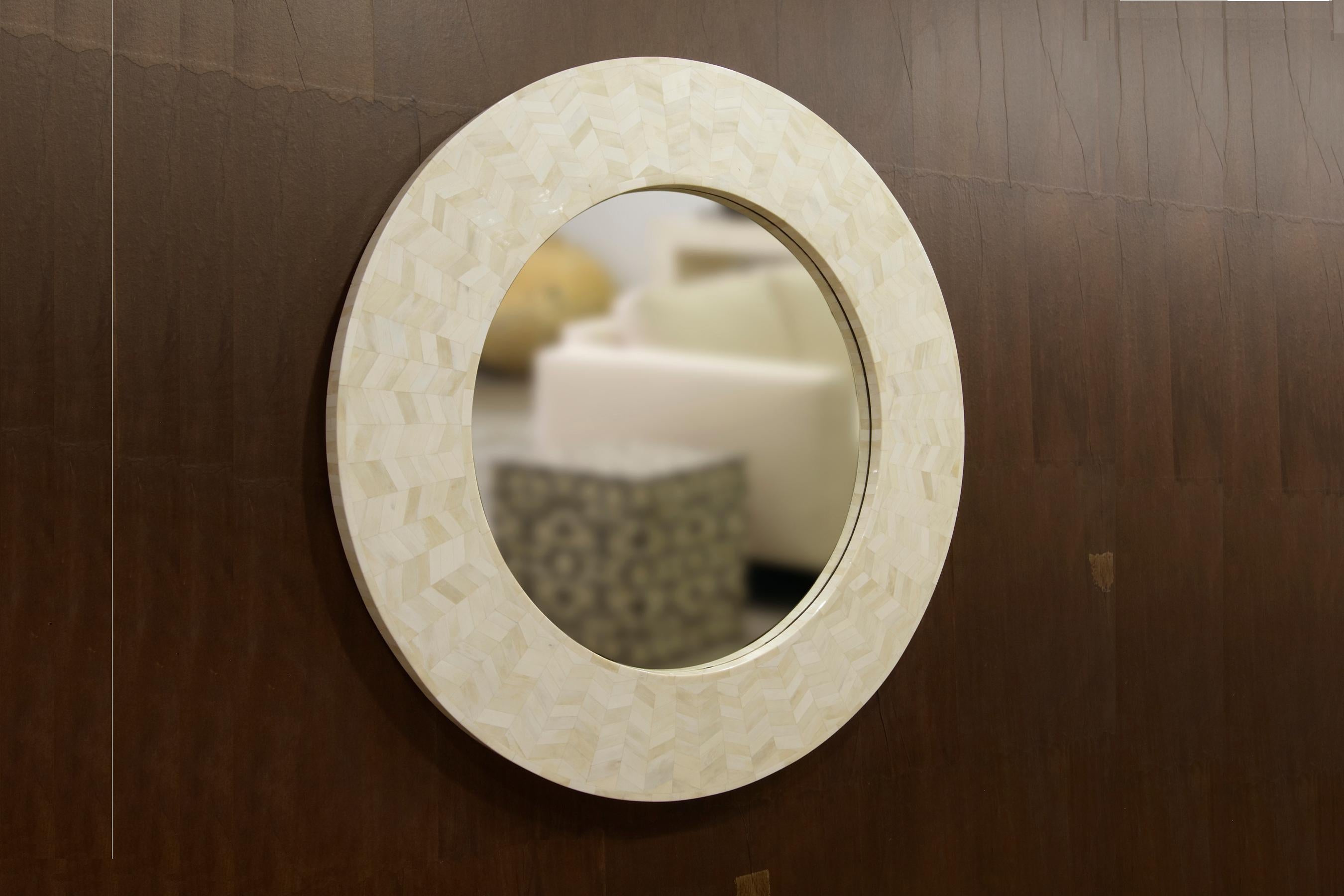 Contemporary Round Mirror With Bone Marquetry, Radiance Mirror