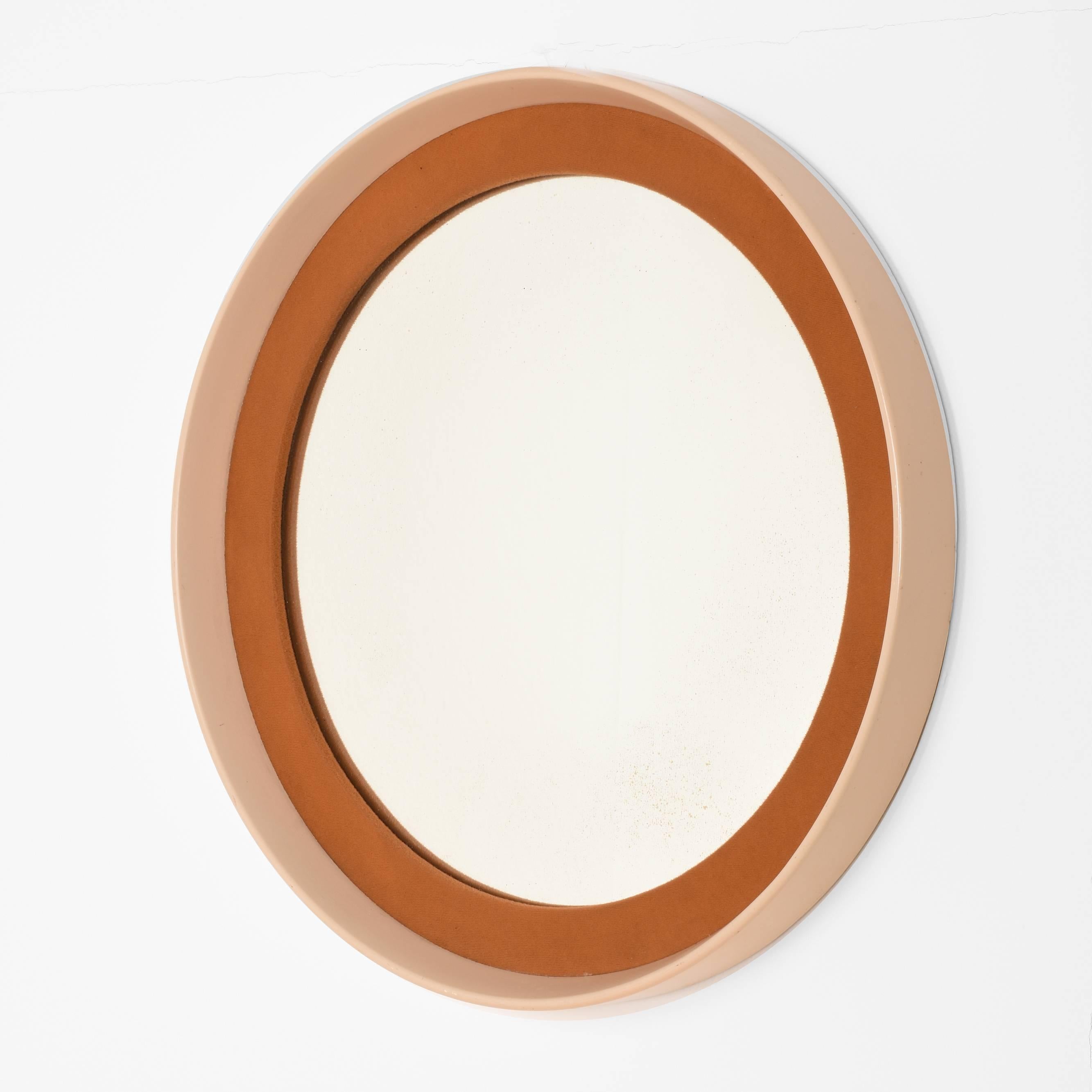 Italian Round Mirror with Frame in Lacquered Wood and Fabric, Italy, 1970s Midcentury For Sale