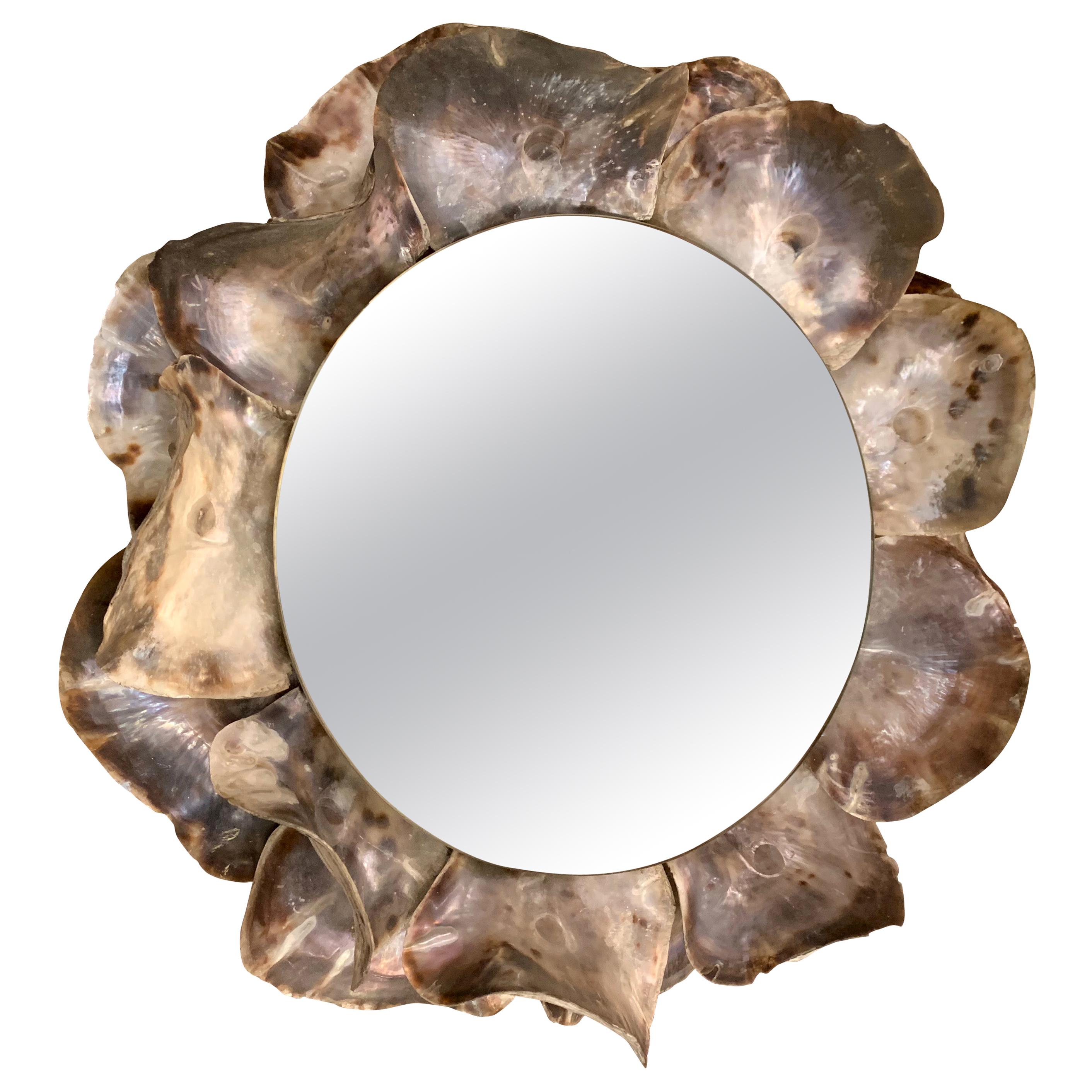 Large Mother of Pearl Shells on Round Mirror Frame, France, Contemporary