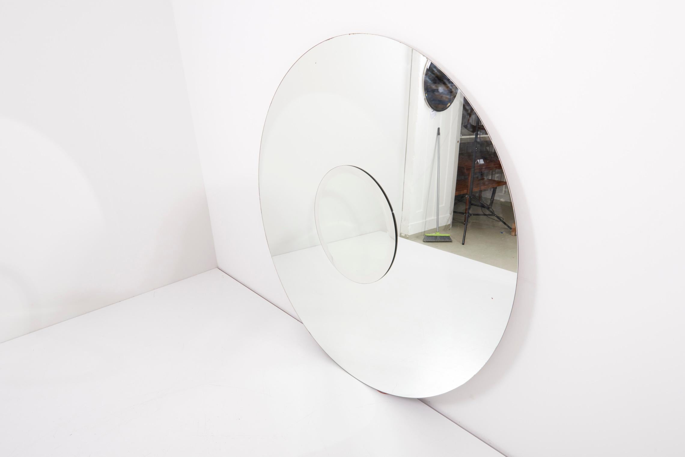 Round mirror with new LED-Lights, 1970s. Glass on wood frame, Led lighting.