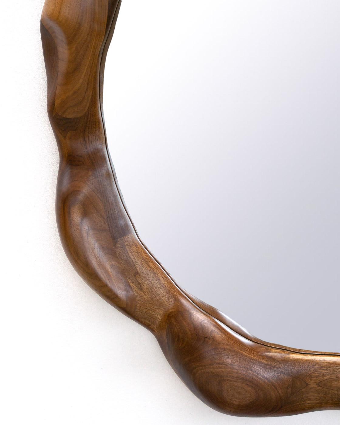Contemporary Round Mirror with Walnut Wood Frame, Smooth Finish by Alexander Knysch For Sale
