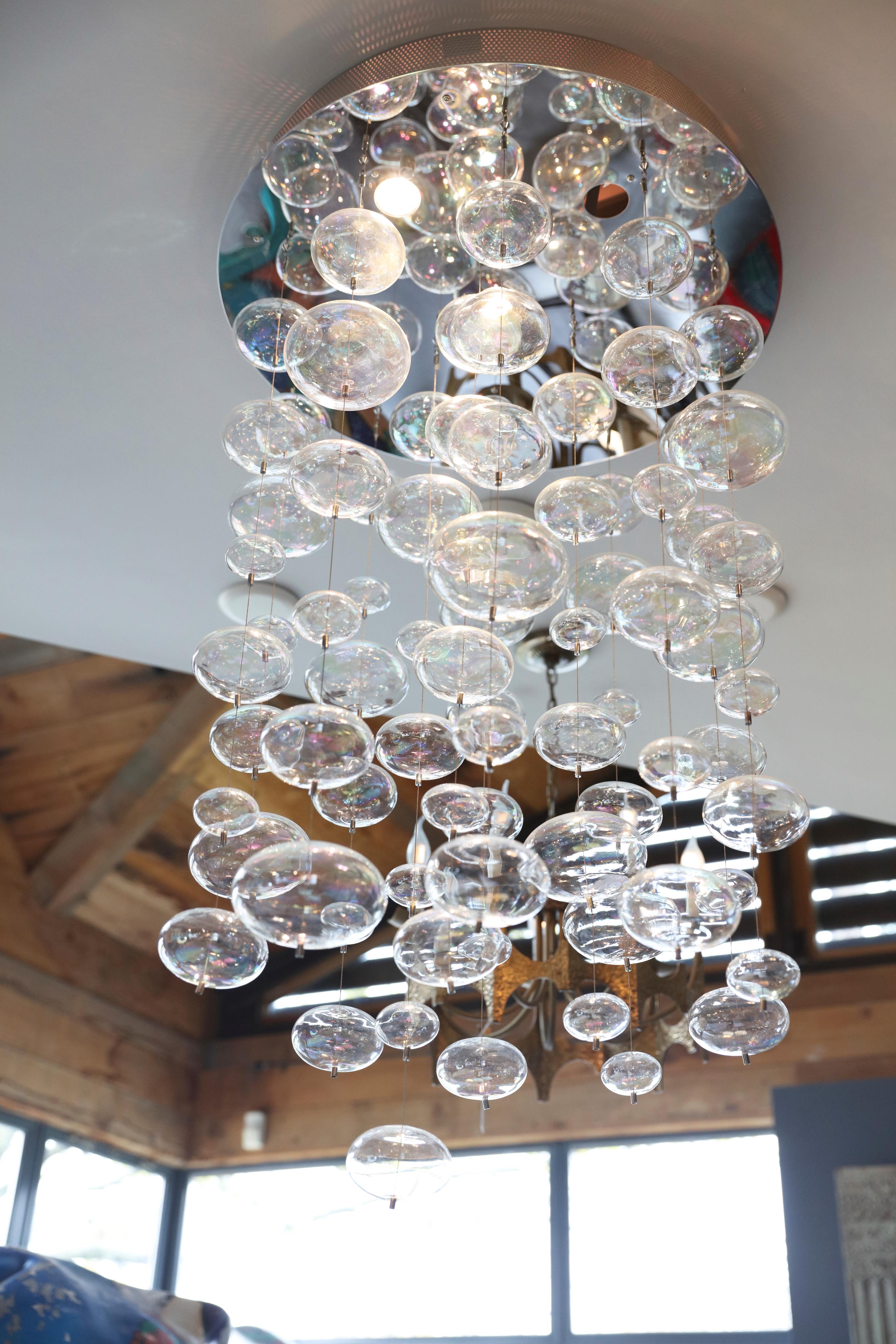 Round Mirrored Ceiling Fixture w/ Iridescent Glass Bubbles in the style of Patrick Jouin