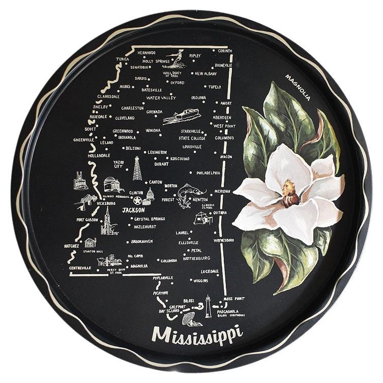 Round Mississippi Magnolia Tin Serving Tray in Black and Cream