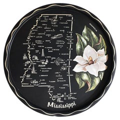 Round Mississippi Magnolia Tin Serving Tray in Black and Cream