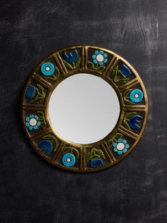 Round Mithe Espelt Ceramic Mirror with Blue Flower Decors