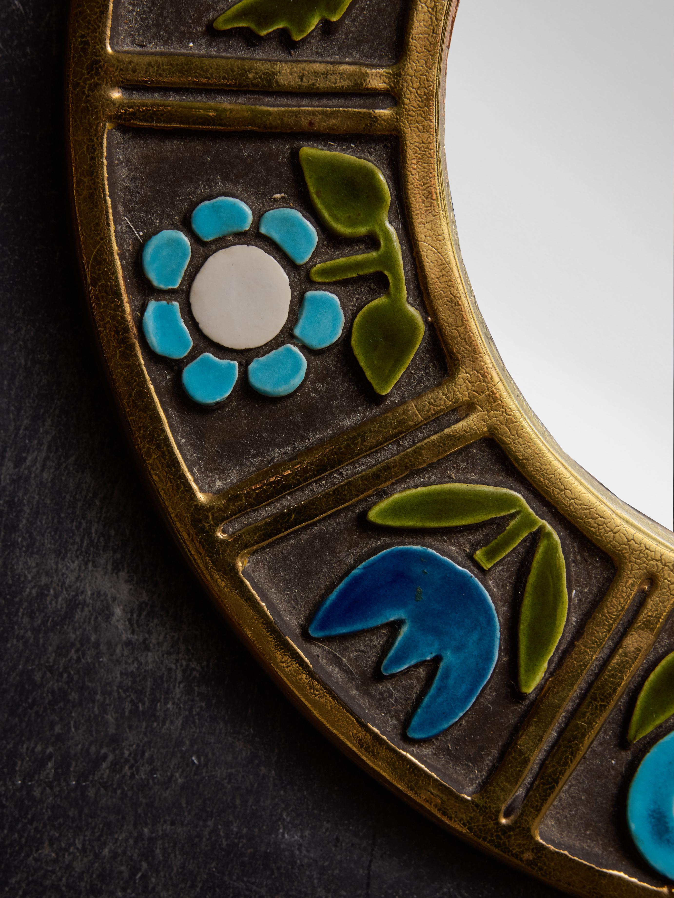 French Round Mithe Espelt Ceramic Mirror with Blue Flower Decors For Sale