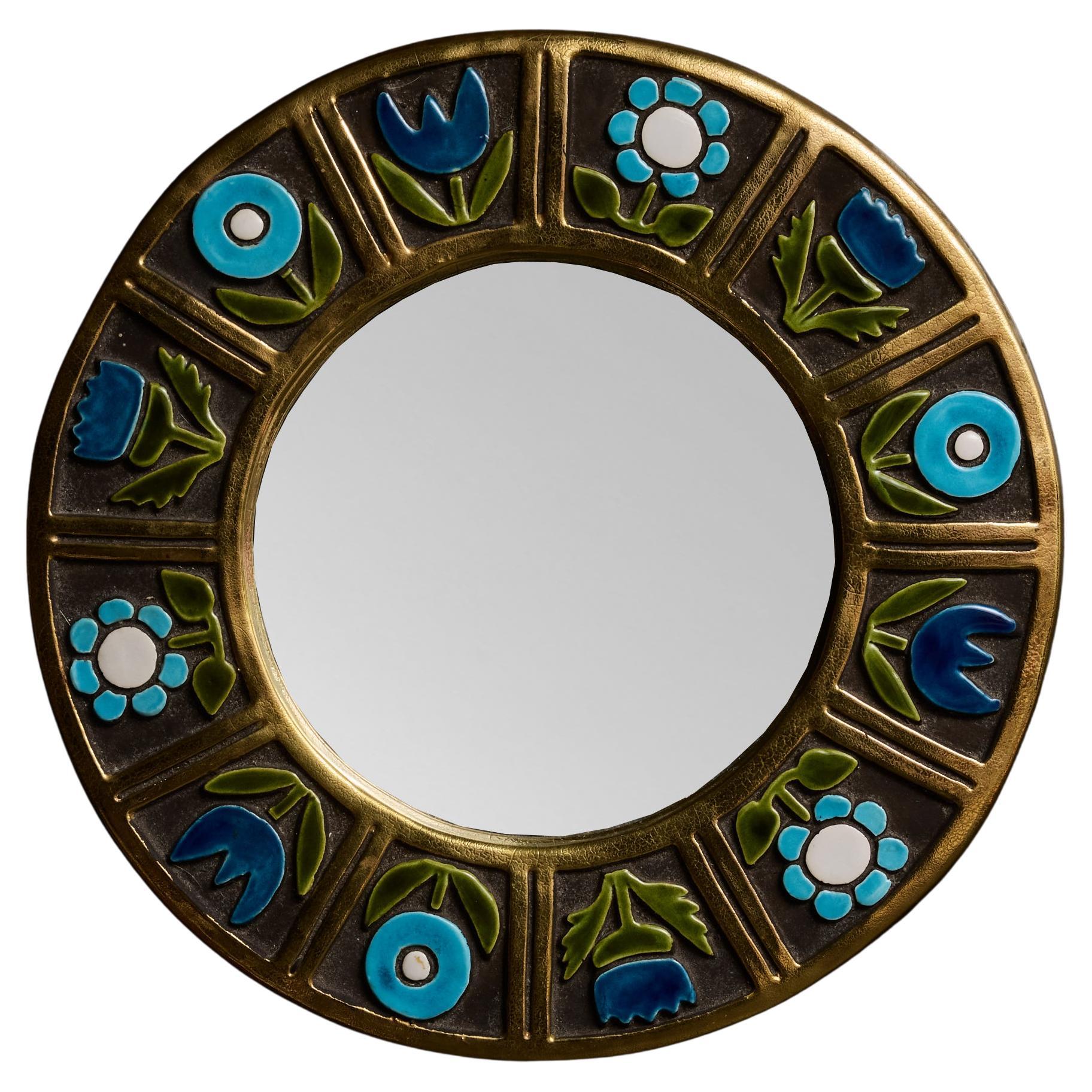 Round Mithe Espelt Ceramic Mirror with Blue Flower Decors